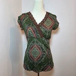 Angel Vintage Y2K Paisley Lace Trim Cami Top Medium Green Brown Stretch Fairy
